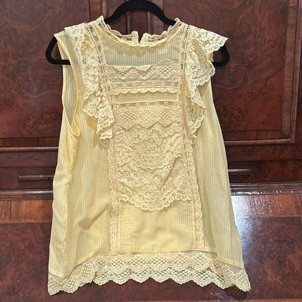 Anthropologie Maeve Yellow Sleeveless Lace Ruffled Top Size 14